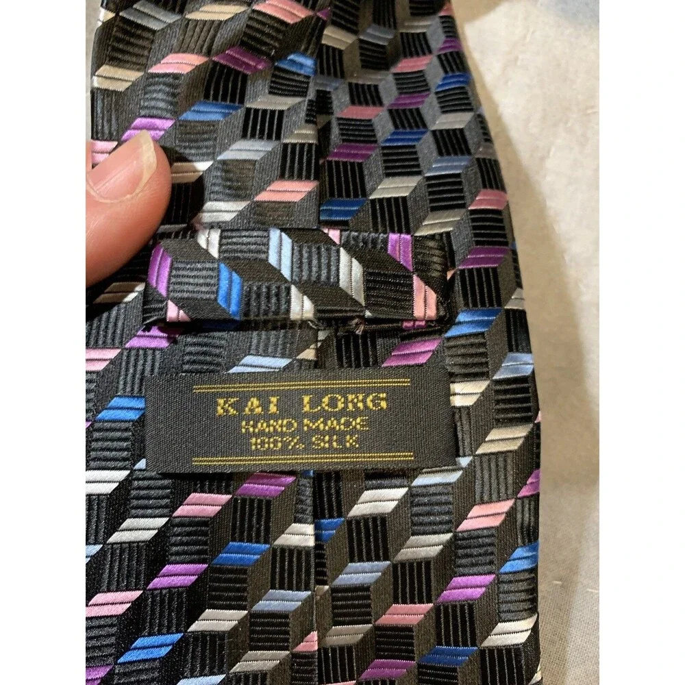 Kai Long Men's Pink Purple Black Geometric Abstract NeckTie 100% Silk Handmade